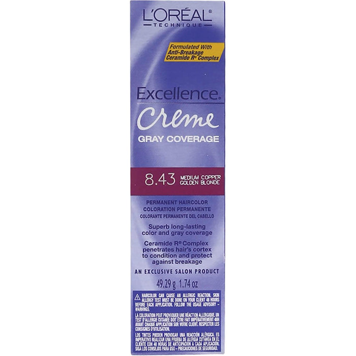 L'Oreal Excellence Creme Permanent Hair Color, Medium Coppery Golden Brown 8.43, 1.74 Oz