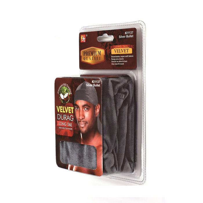 Beauty Town Coconut Oil Treated Velvet Durag Long Tail, Silver Bullet