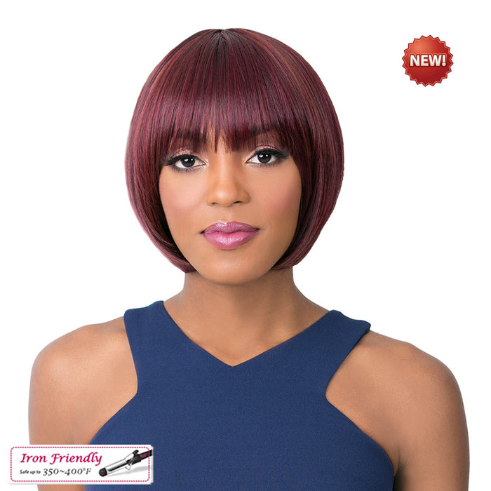 Synthetic Wig, Cap Size Medium, Length: Short,Streaked blend of Deep Wine and Dark Violet/Dark Ginger / Orange Red