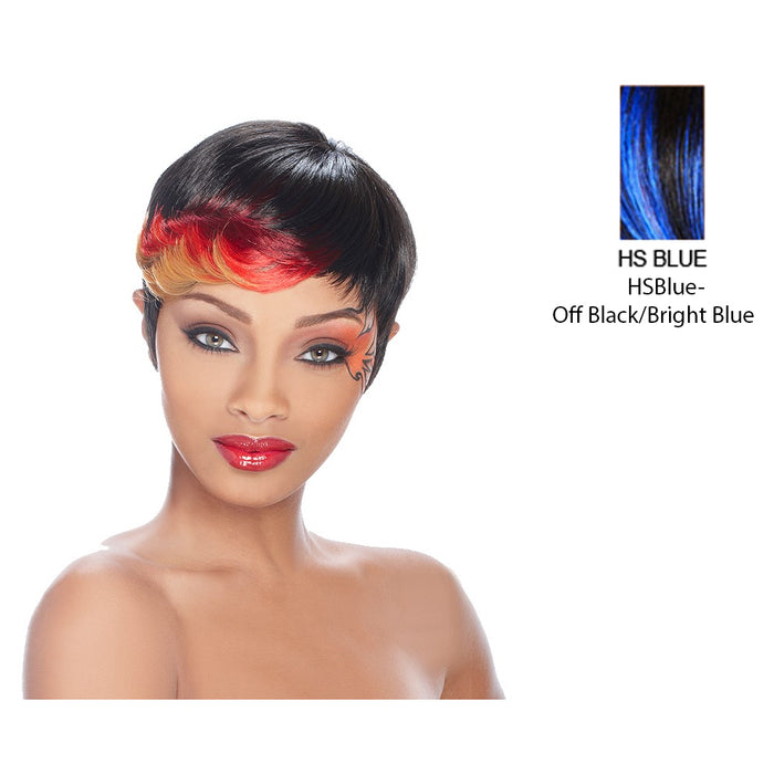 Anni Synthetic Feather Wig,Off Black Base With Bright Blue Accented Highlights