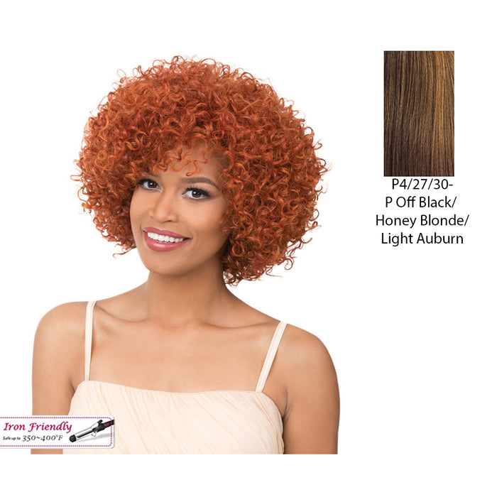 Curly Bang With Heat Resistant Synthetic Wig,Streaked Blend Of Medium Brown, Strawberry Blonde, And Light Auburn