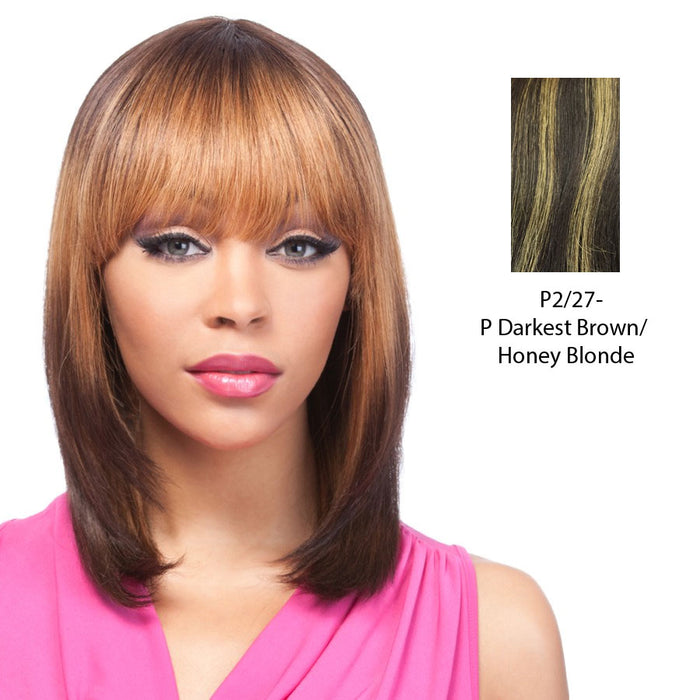 100% Human Hair Wig Yaki 1012,Darkest brown base with strawberry blonde highlights
