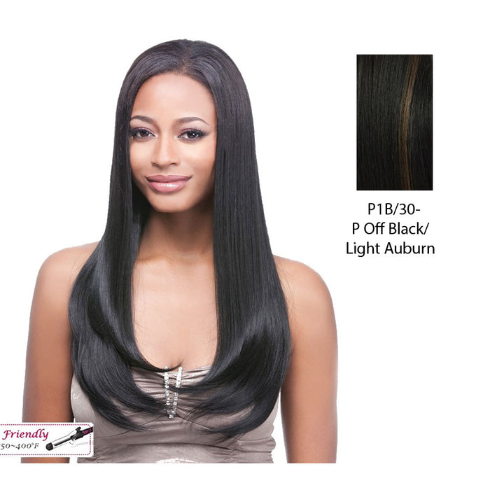 100% Synthetic Clip On J Curl, 18",Off black base with light auburn highlights
