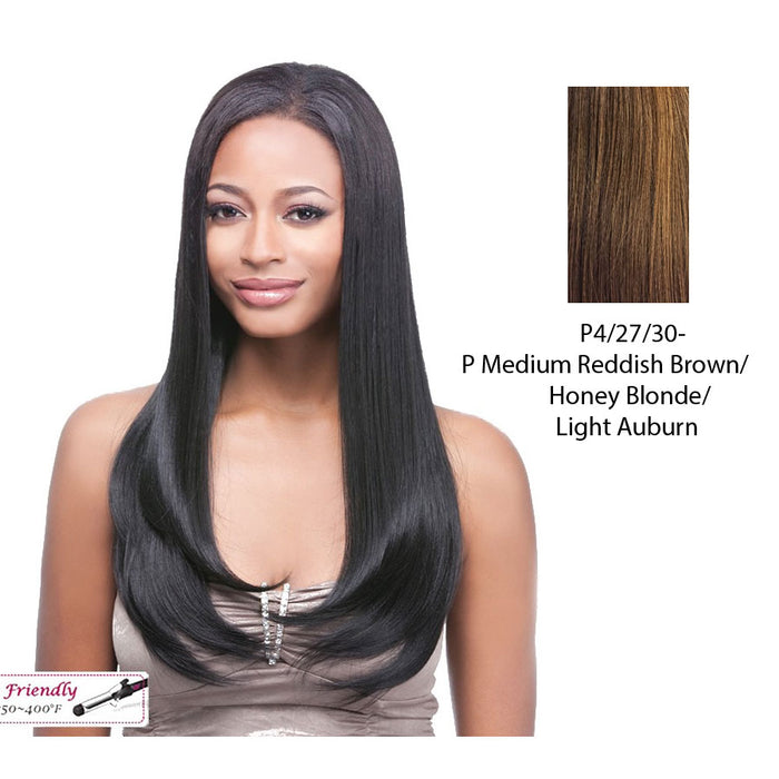 100% Synthetic Clip On J Curl, 18",Streaked blend of medium brown, strawberry blonde, and light auburn
