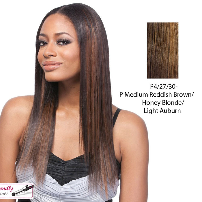 14" Yaki Straight Synthetic Clip On Extensions,Streaked blend of medium brown, strawberry blonde, and light auburn