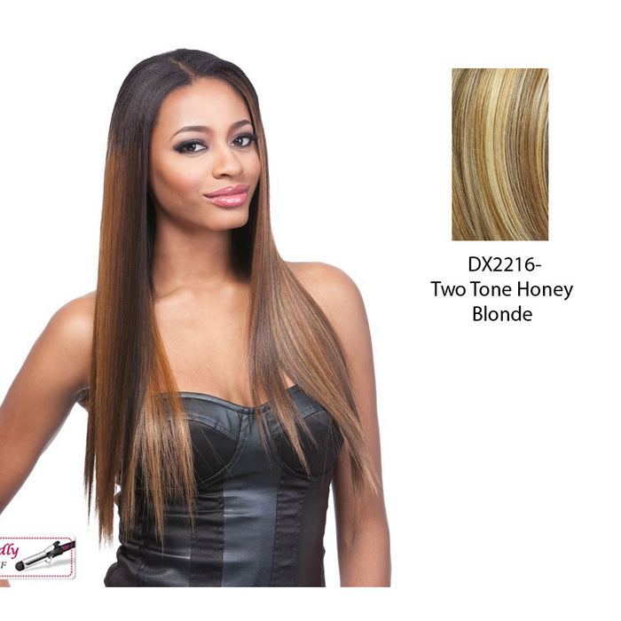 18" Yaki Straight Synthetic Clip On Extensions,Two tone frost blend of strawberry blonde layer over with honey blonde bottom