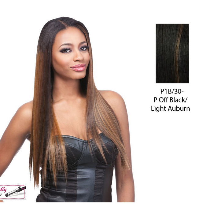 18" Yaki Straight Synthetic Clip On Extensions,Off black base with light auburn highlights