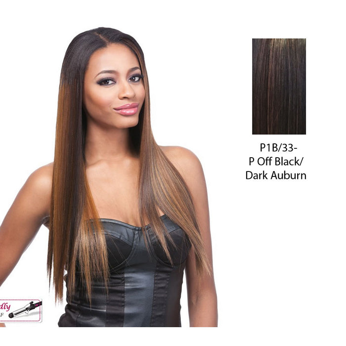 18" Yaki Straight Synthetic Clip On Extensions,Off black base with dark auburn highlights