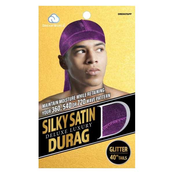 Dream World Deluxe Luxury Premium Silky Satin Durag, Glitter Purple