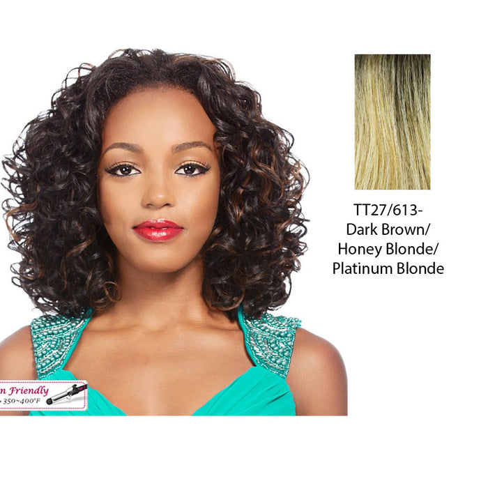 Iron Friendly Half Wig Tam,Dark brown roots with a blended mix of strawberry blonde and platinum blonde