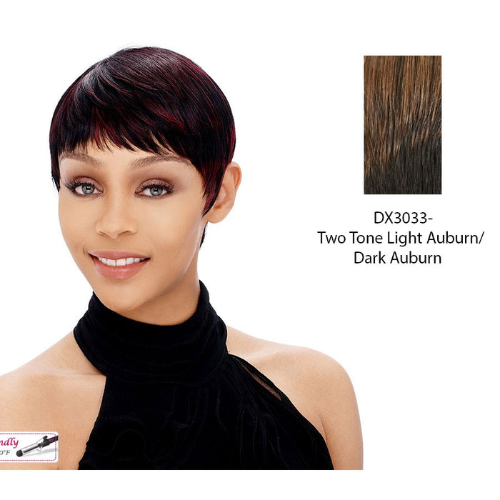 Synthetic Short Layered Pixie Cut Style Full Cap Wig Bebe,Two tone frost blend of light auburn layer over dark auburn bottom