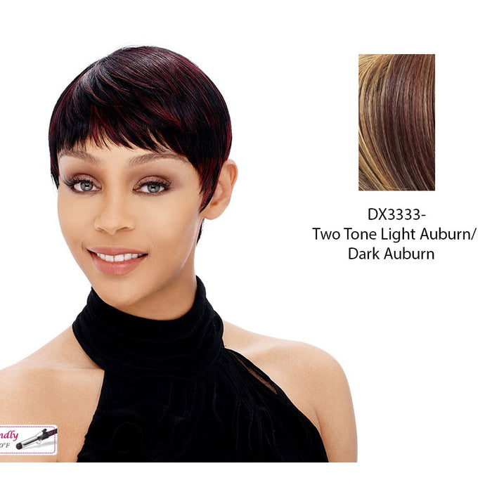 Synthetic Short Layered Pixie Cut Style Full Cap Wig Bebe,Two tone frost blend of dark auburn and light auburn layer over dark auburn bottom