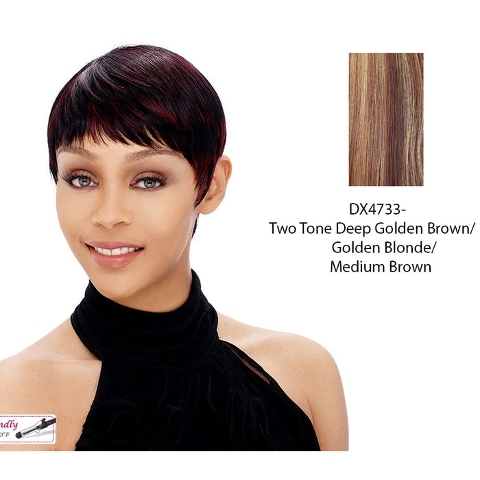 Synthetic Short Layered Pixie Cut Style Full Cap Wig Bebe,Two tone frost blend of deep golden brown, and golden blonde with medium brown bottom