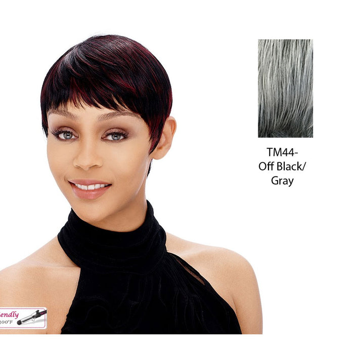 Synthetic Short Layered Pixie Cut Style Full Cap Wig Bebe,Two tone mix of off black with 50% gray roots with gray tips
