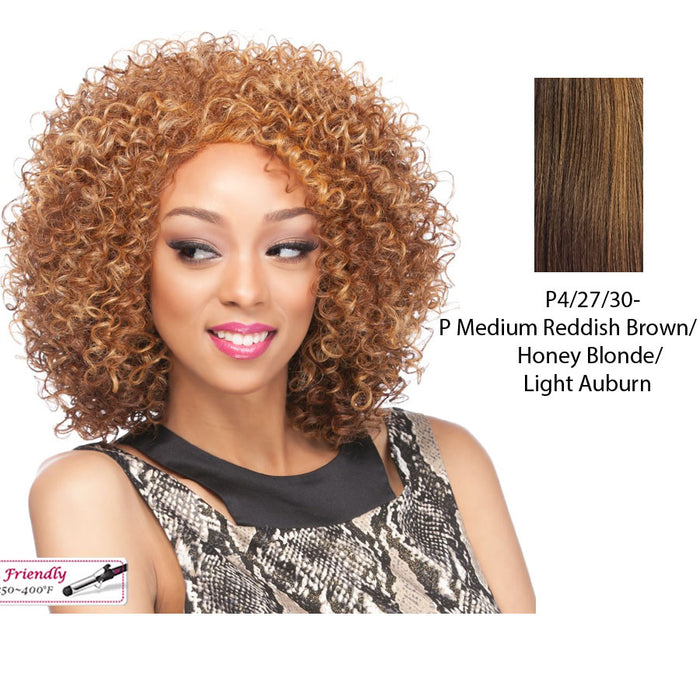 Synthetic Full Wig Fanny,Streaked blend of medium brown, strawberry blonde, and light auburn