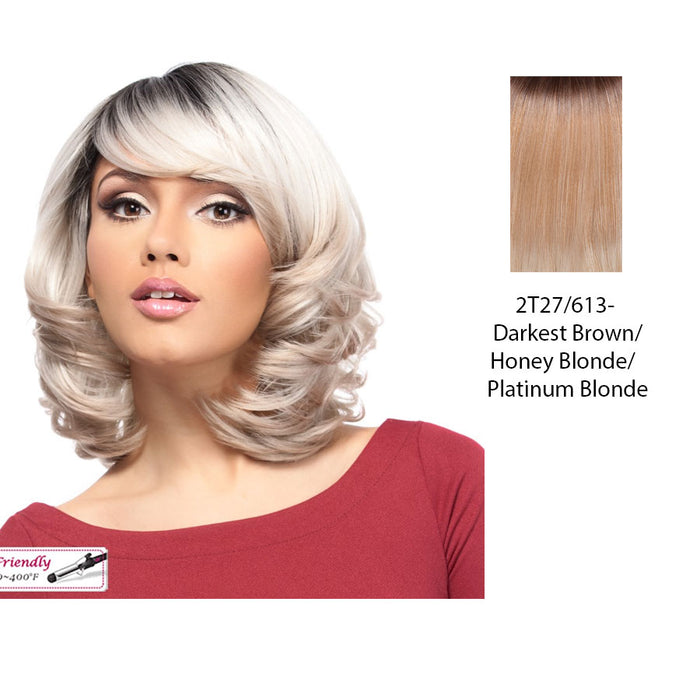 Heat Friendly Synthetic Wig Harper,Darkest brown roots tipped with strawberry blonde and platinum blonde