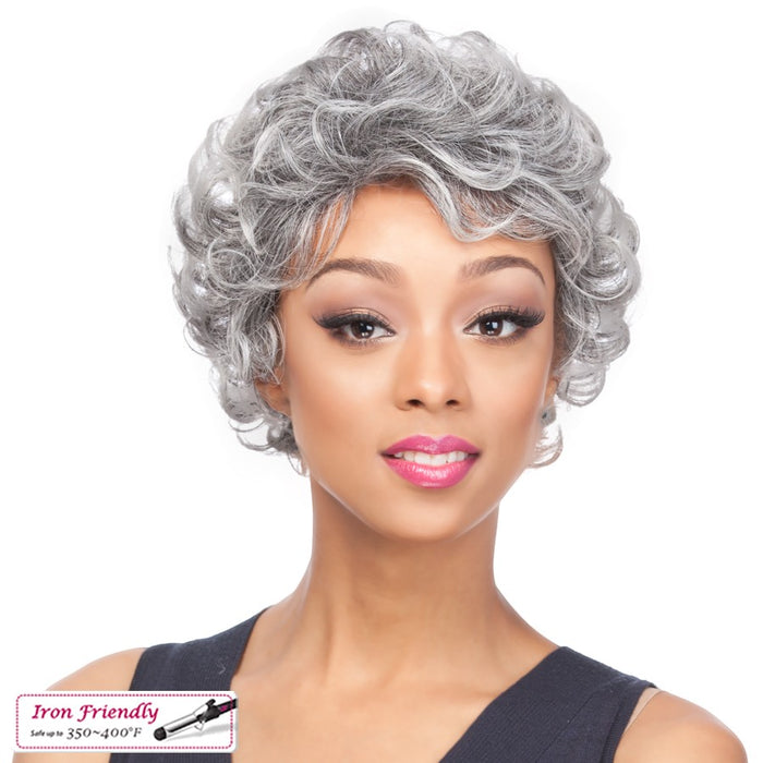 Heat Friendly Synthetic Wig Ianna,Two tone mix of off black with 80% gray roots and gray tips