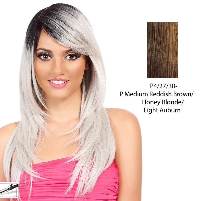 Heat Friendly Synthetic Wig Journey,Streaked blend of medium brown, strawberry blonde, and light auburn