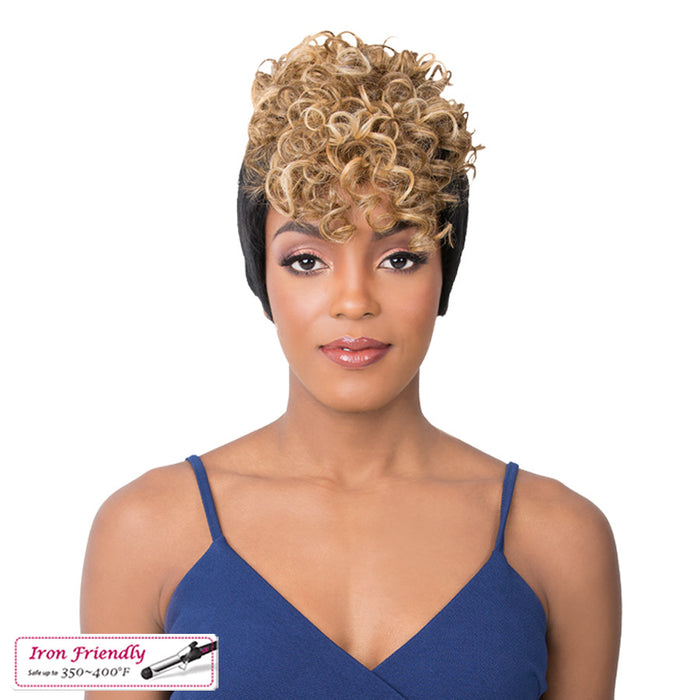 Iron Friendly, Most Realistic Parting, 4 Inch Two Side Lace Part Wigs,Off black roots tipped with a mix of light ash blonde and dark honey blonde