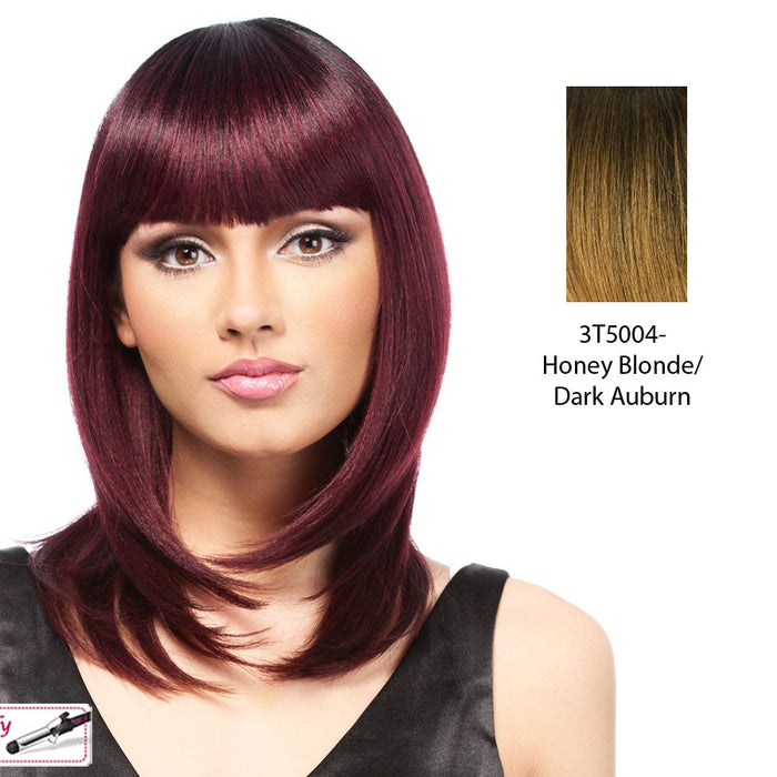 Piper Synthetic Wig,Strawberry blonde with dark auburn roots.