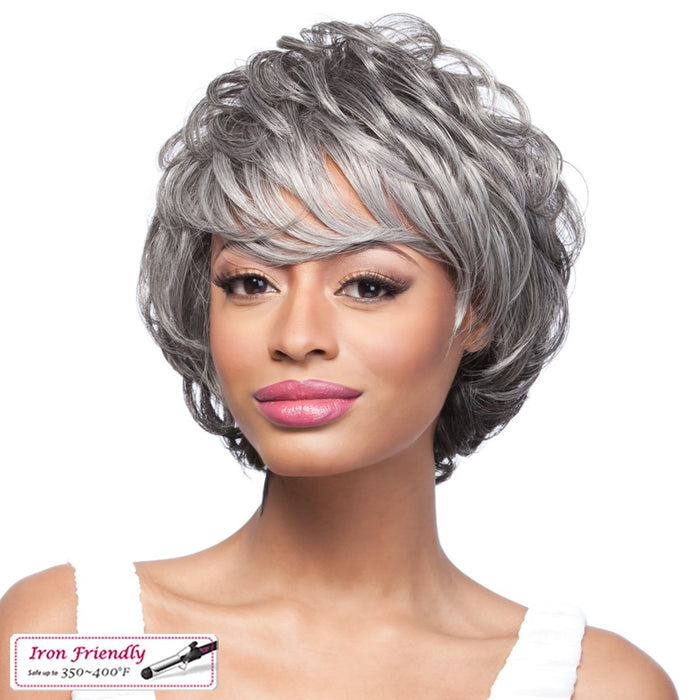 Susan Synthetic Wig,Two tone mix of off black with 50 gray roots with gray tips