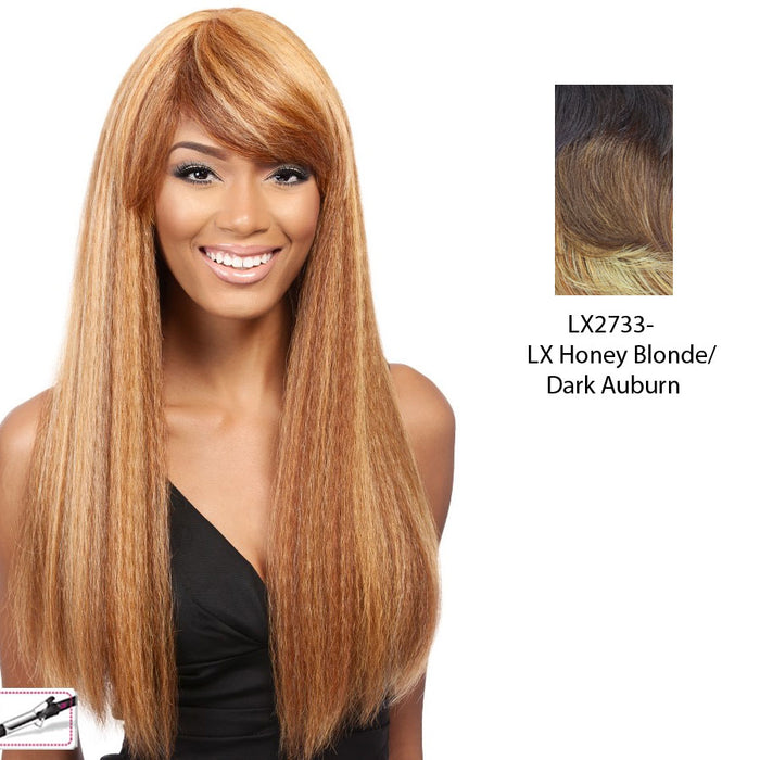 Taji Heat Friendly Synthetic Wig,Two tone frost blend of dark auburn layer over strawberry blonde bottom