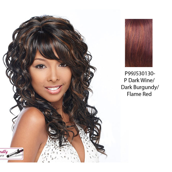 Tango Synthetic Wig,Streaked blend of deep wine, dark strawberry blonde, and flame red