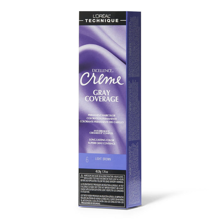 L'Oreal Excellence Creme Gray Coverage Permanent Hair Color, Light Brown, 6, 1.74 oz