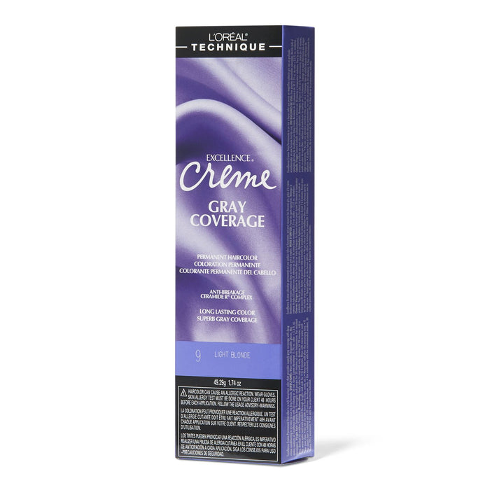 L'Oreal Excellence Creme Gray Coverage Permanent Hair Color, Light Blonde, 9, 1.74 oz