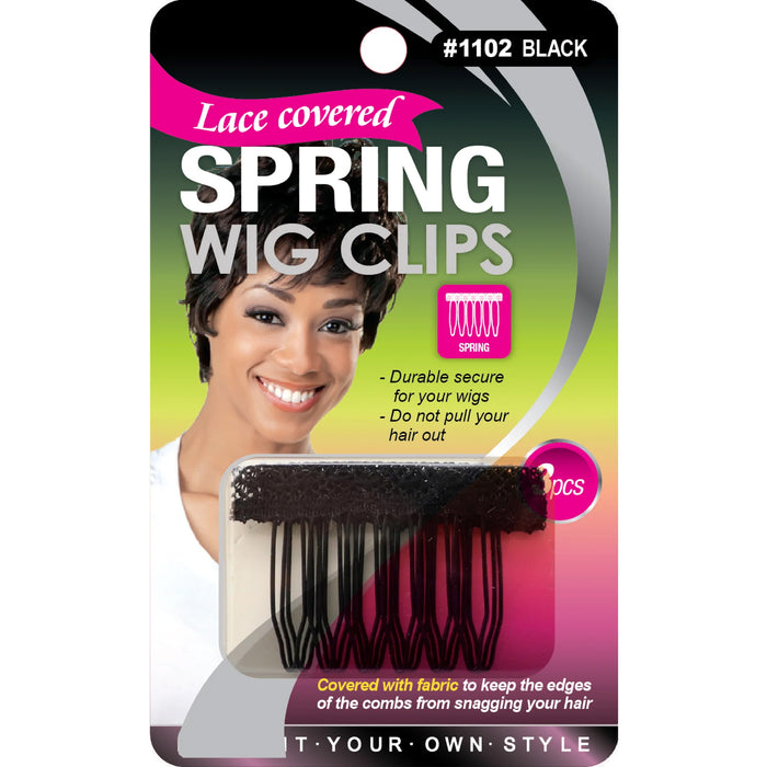 Qfitt Lace Covered Spring Wig Clips Black, 3/PK