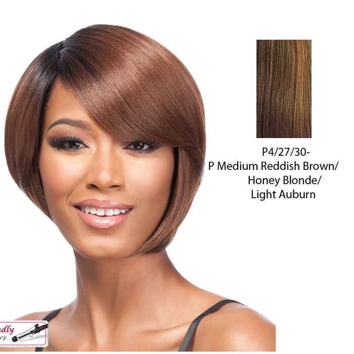 Synthetic Quality Full Wig Short - Q-Cello,Streaked Blend Of Medium Brown, Strawberry Blonde, And Light Auburn