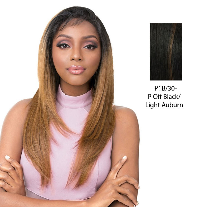 Vixen Y 100% Human Hair Premium Mix Full Lace Wig Vixen Y Yaki Straight,Off Black Base With Light Auburn Highlights