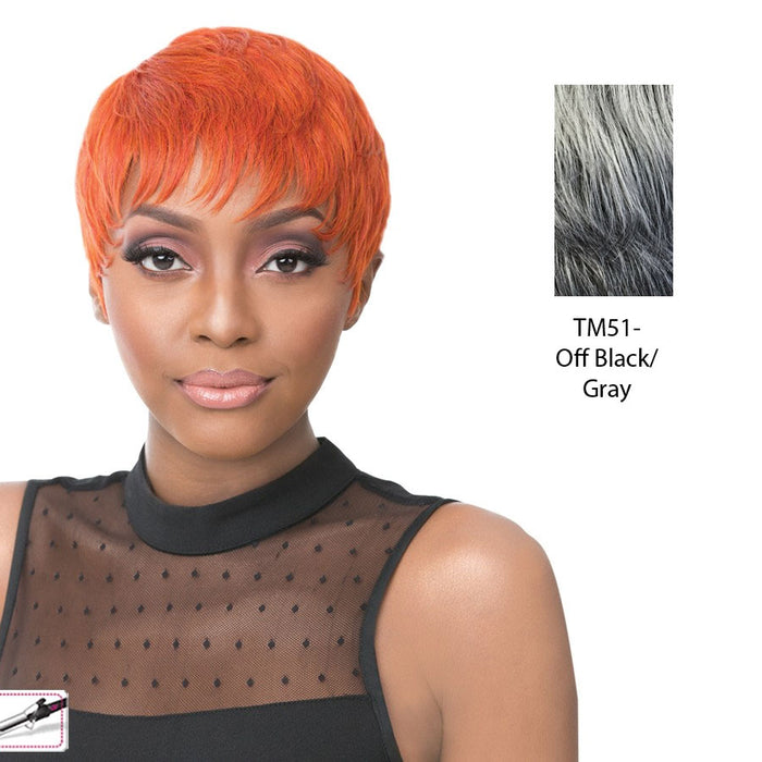 Iron Friendly Synthetic Wig - Simone,Two Tone Mix Of Off Black With 80% Gray Roots And Gray Tips