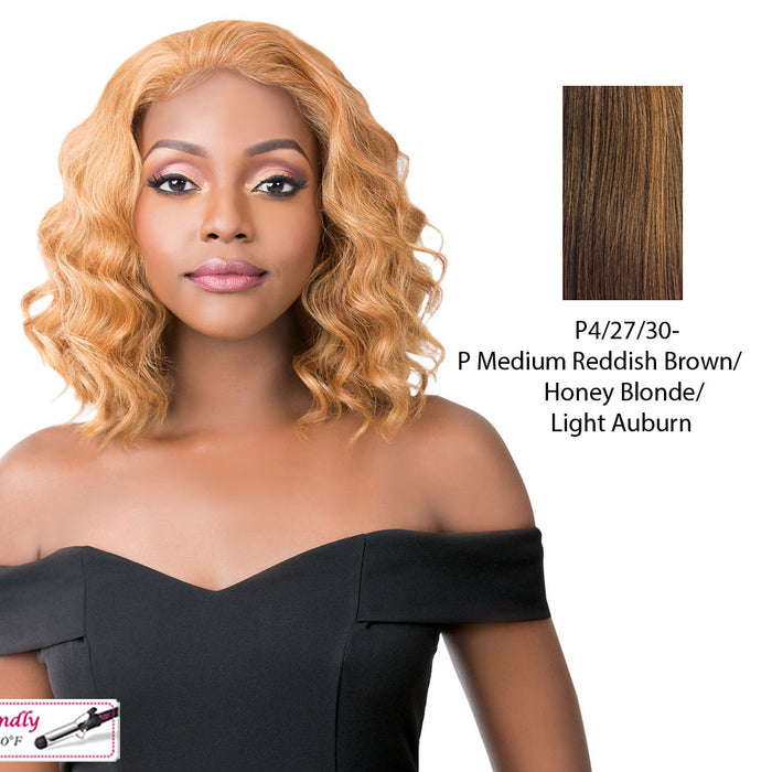 Synthetic Hair Lace Front Wig Simply Lace Tides Wave,Streaked Blend Of Medium Brown, Strawberry Blonde, And Light Auburn