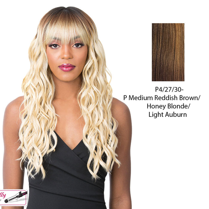 Synthetic 2020 Bang Wig - Skylar,Streaked Blend Of Medium Brown, Strawberry Blonde, And Light Auburn
