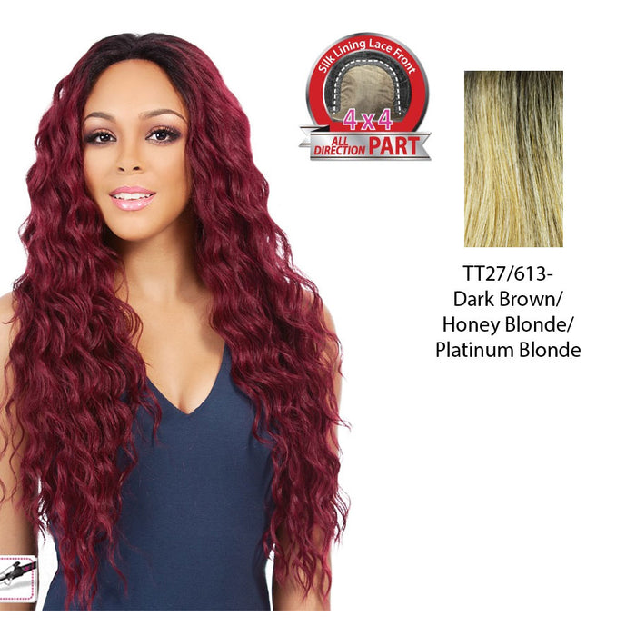 Synthetic 4X4 Swiss Lace Wig - Swiss Lace Boston,Dark Brown Roots With A Blended Mix Of Strawberry Blonde And Platinum Blonde