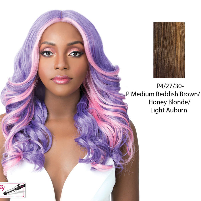 Swiss Lace Frida Lace Front & Lace Part Synthetic Wig,Streaked Blend Of Medium Brown, Strawberry Blonde, And Light Auburn