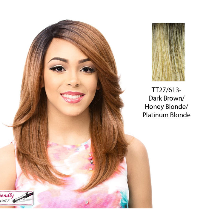 Swiss Lace Front Wig Swiss Lace Justine,Dark Brown Roots With A Blended Mix Of Strawberry Blonde And Platinum Blonde