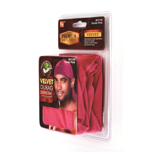 Beauty Town Coconut Oil Treated Velvet Durag Long Tail, Suede Pink