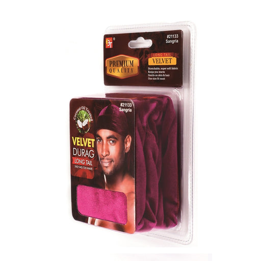 Beauty Town Coconut Oil Treated Velvet Durag Long Tail, Sangria