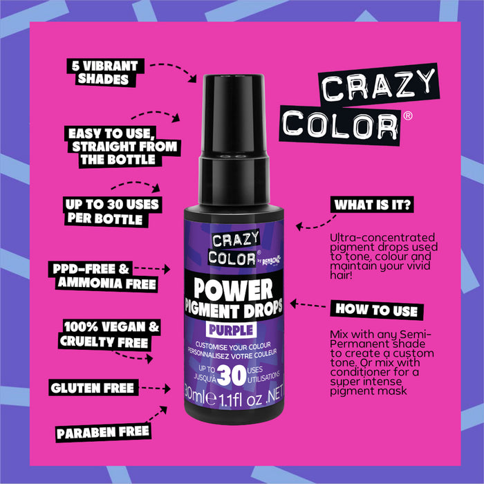 Crazy Color Power Pigment Drops, Purple, 1.1oz