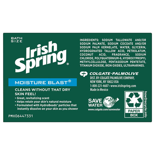 Irish Spring Deodorant Bar Soap Moisture Blast With Hydrobeads, 3.75 Oz., 3/PK