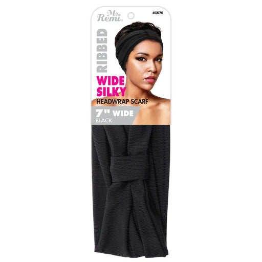 Ms. Remi Wide Silky Headwrap Scarf Ribbed, 7", Black