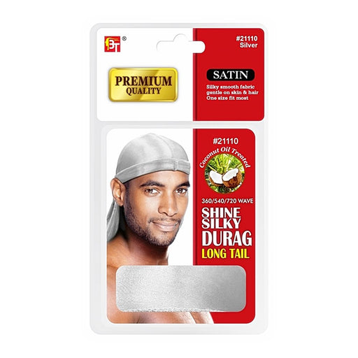 Beauty Town Coconut Oil Treated Shine Silky Durag Long Tail, Silver