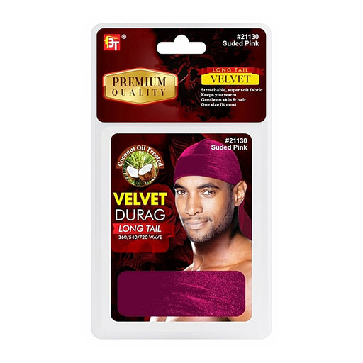 Beauty Town Coconut Oil Treated Velvet Durag Long Tail, Suede Pink