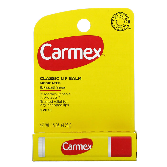 Carmex Classic Lip Balm Original Medicated Lip Balm Stick With Spf 15 To Protect Lips Original Stick, Blam, 0.15 Oz