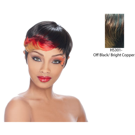 Anni Synthetic Feather Wig,Off Black base with accented highlights of Bright Copper blending into Blonde ends