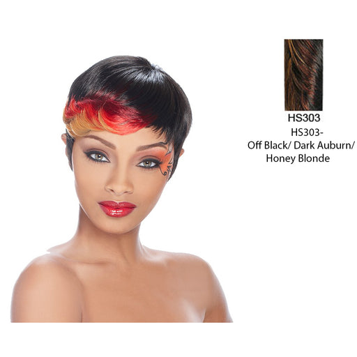 Anni Synthetic Feather Wig,Off Black base with accented highlights of Dark Auburn blending into Strawberry Blonde ends