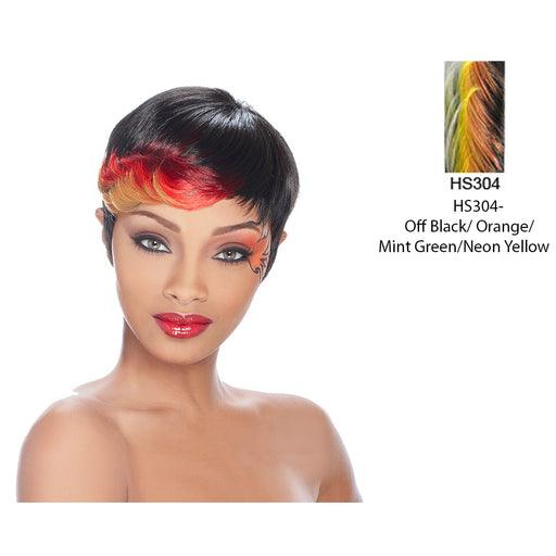Anni Synthetic Feather Wig,Off Black base with accented highlights of Orange and Mint Green blending into Neon Yellow ends
