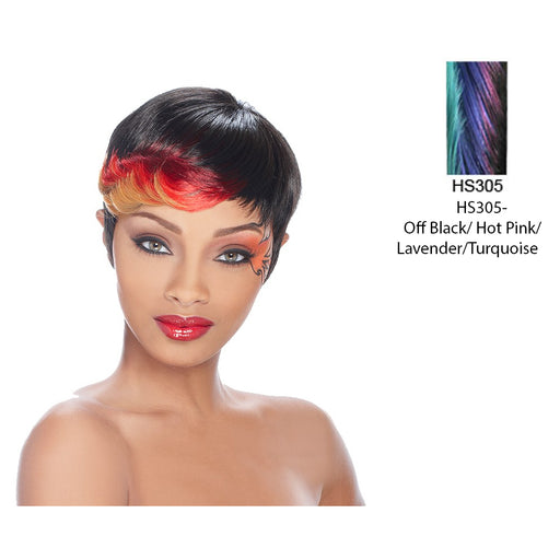 Anni Synthetic Feather Wig,Off Black base with accented highlights of Hot Pink and Lavender blending into Turquoise ends